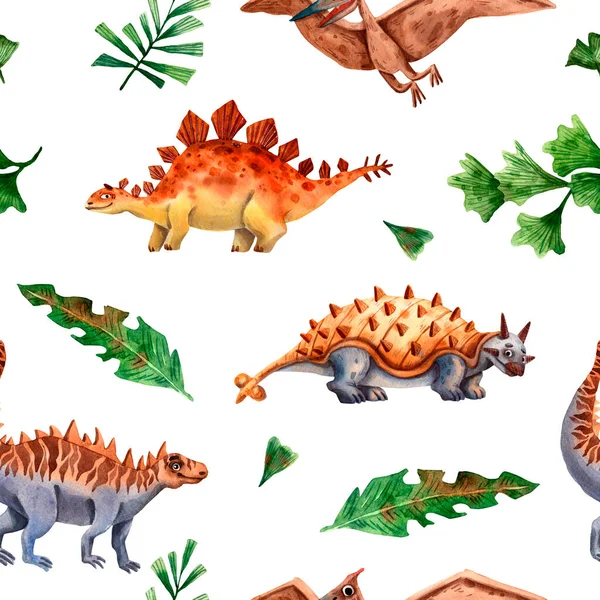 Cute dino colorful pattern. Hand drawn seamless texture. Jurassic Dino print. Stegosaur and ankylosaur characters. Repeat watercolor illustration. Fun design for boys textile. Prehistoric animals. — Stock Photo, Image