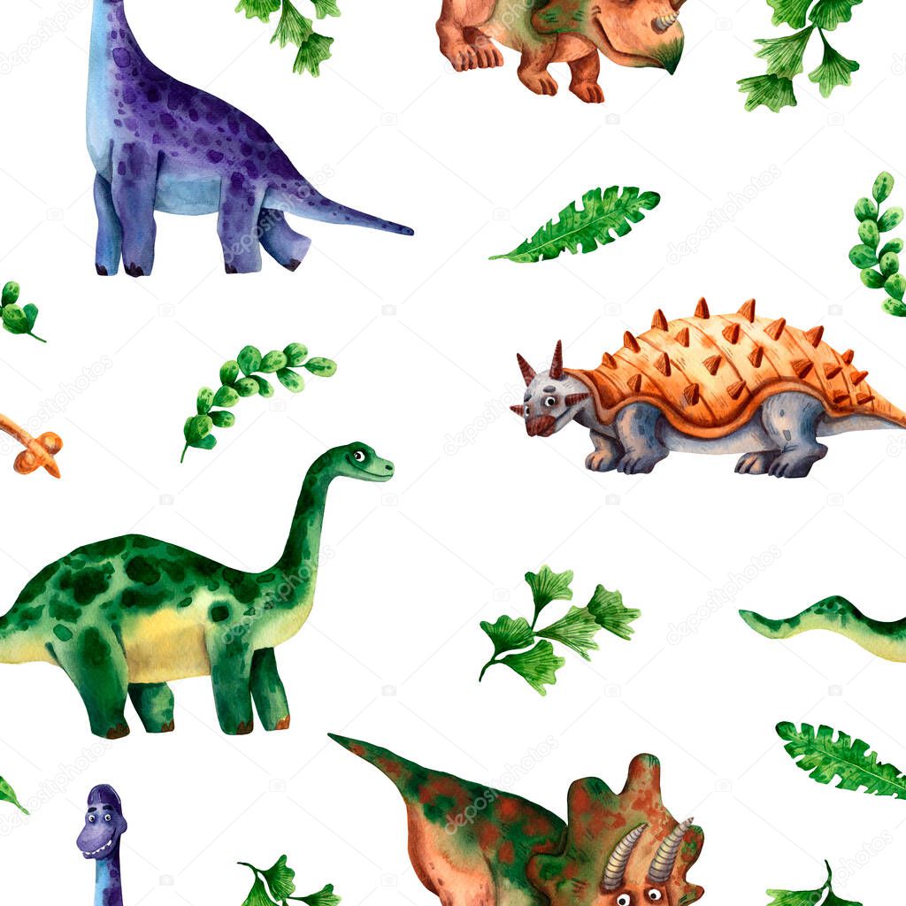 Cute dino colorful pattern. Hand drawn seamless texture. Jurassic Dino print. Brachiosaur and ankylosaur characters. Repeat watercolor illustration. Fun design for boys textile. Prehistoric animals.
