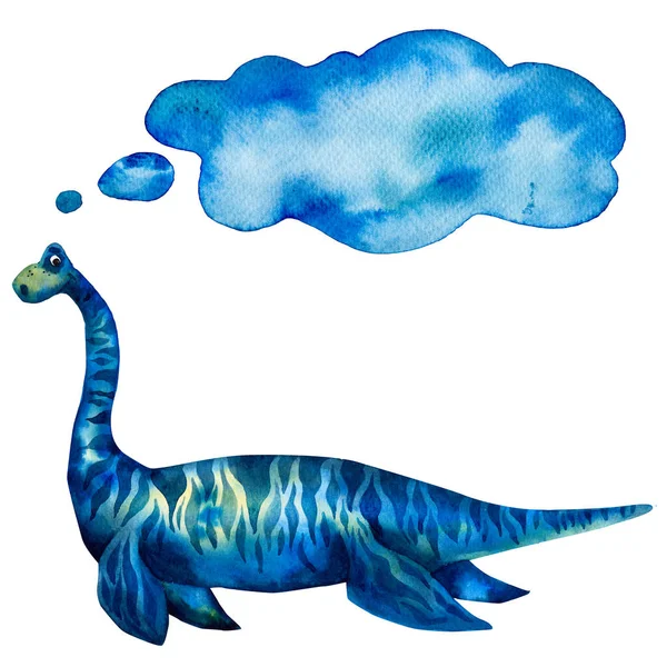 Χαριτωμένη μπλε υδατογραφία κηλίδα υφή. Χειροποίητο πανό dino. Ιουρασικό υποβρύχιο ζώο. Ο χαρακτήρας του Πλεσιόσαυρου. Διασκεδαστικό σχέδιο για αγόρια. Uderwater Προϊστορικός χαρακτήρας ερπετών. Πλαίσιο συνόρων. Κείμενο. — Φωτογραφία Αρχείου