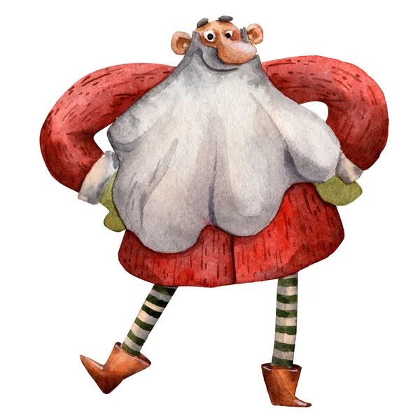 Acquerello disegnato a mano biglietto di Natale. Babbo Natale in piedi carino. Felice anno nuovo illustrazione. Natale personaggio costume divertente. Barba grossa. Calzini a righe. Sorriso e carino carnevale costume vecchio. — Foto Stock