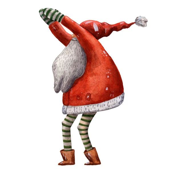 Aquarell handgezeichnete Weihnachtskarte. Niedlich stehender Weihnachtsmann. Frohes neues Jahr. Weihnachtsspaß Kostümcharakter. Traditionelle Weihnachtsartikel. Saisonbild. Roter Hut. Tanzender Charakter. — Stockfoto
