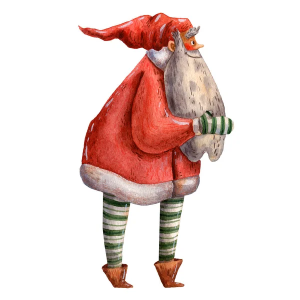 Watercolor mão desenhada cartão de Natal. Que belo Pai Natal de pé. Feliz ano novo ilustração. Personagem de traje divertido Natal. Férias itens tradicionais. Imagem da época. Chapéu vermelho.Personagem sorridente . — Fotografia de Stock