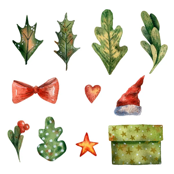 水彩手描きクリスマスセット。かわいい冬の花束。新年の花の組成。赤い帽子と贈り物。ミゾレ、ベリー、ホリーの葉。クリスマスの装飾イラスト。緑の葉、星と箱. — ストック写真