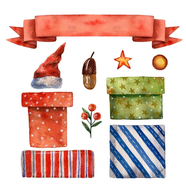 Aquarell handgezeichnetes Weihnachtsset. Niedliche Wintersachen. Neujahrskomposition. Roter Weihnachtsmann. Stern, Eichel, Beere, viele Geschenke. Weihnachtsdekoration. Grüne und rote Schachtel. Banner mit roter Schleife. — Stockfoto