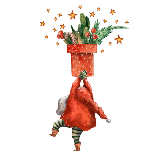 Aquarell handgezeichnete Weihnachtskarte. Niedlich stehender Weihnachtsmann. Frohes neues Jahr. Weihnachtsspaß Kostümcharakter. Traditionelle Weihnachtsartikel. Saisonbild. Roter Hut. Tanzender Charakter. — Stockfoto