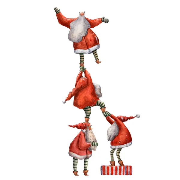 Гарний акварель картка. Санта Клаус з подарунками. Кумедні акробати. Червоні капелюхи. Традиційне святкування нового року. Намальована вручну. Святкове привітання. Вечір грудень. Багато подарунків.. — стокове фото