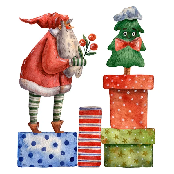 可爱的水彩画圣诞卡。圣诞老人带着礼物。有趣的性格。红帽子。传统的新年快乐装饰。手绘插图。圣诞树。12月的前夕很多礼物. — 图库照片