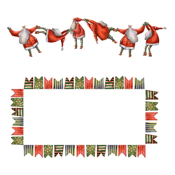 Χριστουγεννιάτικο καρέ ακουαρέλας. Χαριτωμένο χέρι που στυλ της απεικόνισης. Σημαίες γιρλάντα σύνορα. Αστείος Άγιος Βασίλης. Κόκκινο καπέλο. Σημαίες καρναβαλιού. Χαριτωμένη πρόσκληση. Καλά Χριστούγεννα. Χειμερινή διακόσμηση. — Φωτογραφία Αρχείου