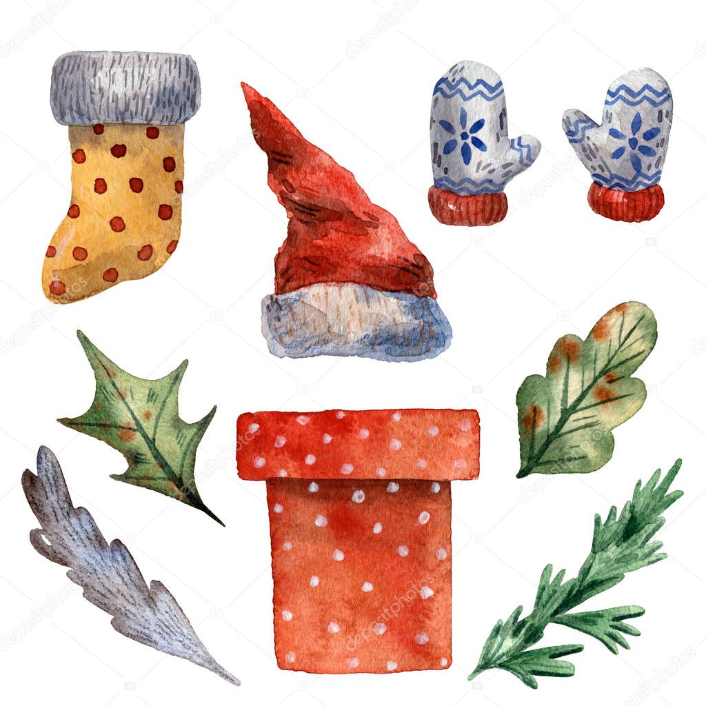 Watercolor hand drawn christmas set.Cute mittens. Happy new year floral composition. Red hat and sock. Misletoe, berry and holly leaves. Chrismas decoration illustration. Green leaves and red box.