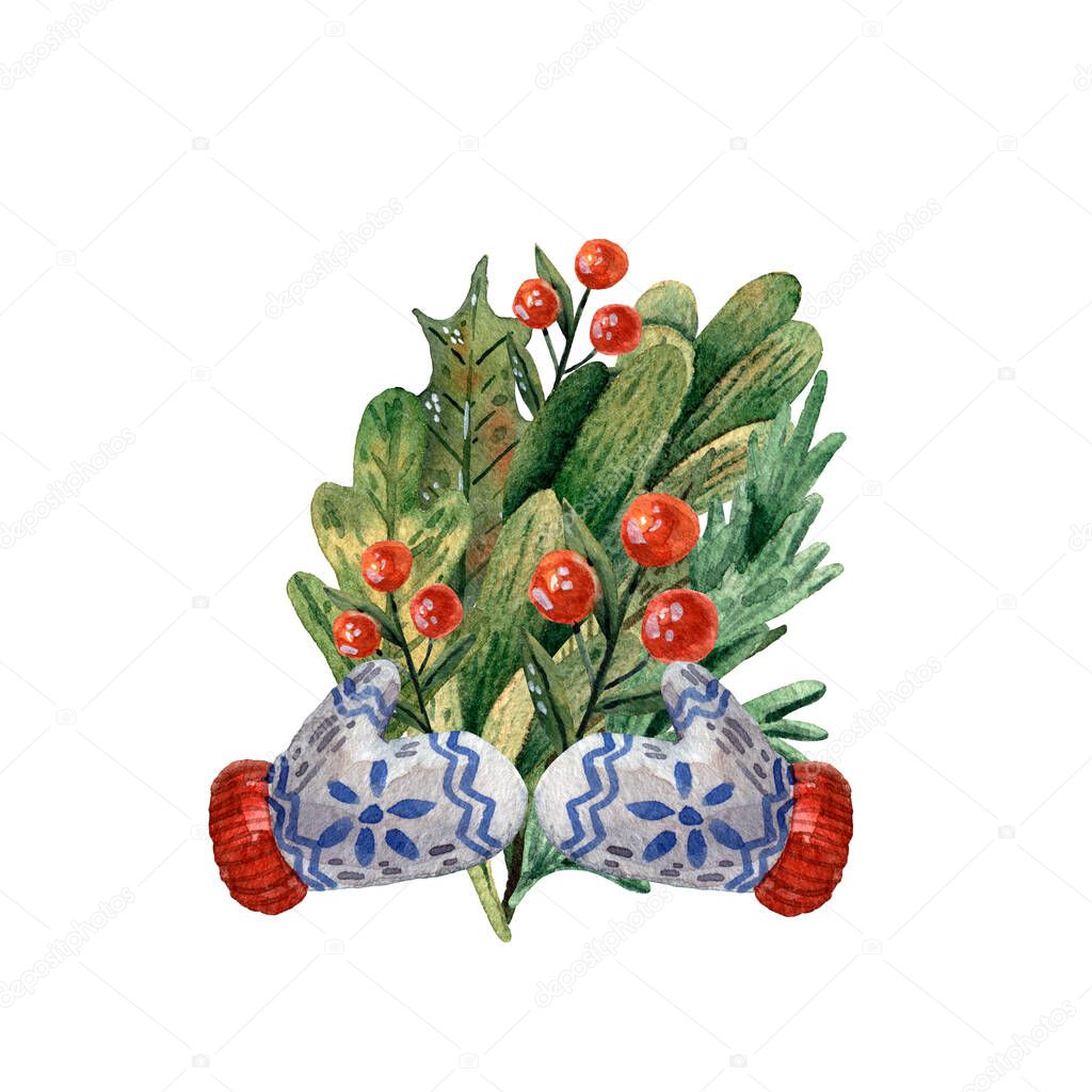 Watercolor hand drawn christmas illustration.Cute mittens. Happy new year floral composition. Green bouquet. Misletoe, berry and holly leaves. Chrismas tree decoration. Green leaves and red berries.