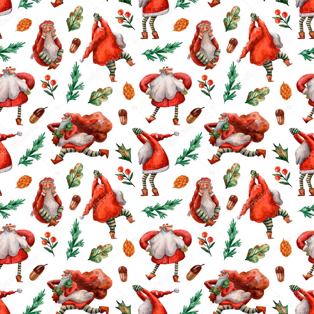 Watercolor hand drawn Christmas pattern.Cute dancing Santa Claus. Happy new year seamless texture. Christmas fun characters. Holiday traditional items. Season picture. Red hat, holly and misletoe.