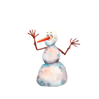 Suluboya Noel kartı. Tatlı kardan adam. Güzel el çizimi tasviri. Komik kardan adam karakteri. Chrostmas kartı için yazdır.