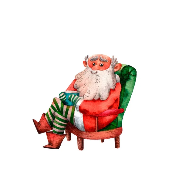 Tatlı Noel Baba 'nın suluboya çizimi. Komik el çizilmiş karakter. Noel illüstrasyonu. Oturan karakter. Geleneksel Noel Baba çizgi filmi. İzole dekoratif resimleme baskılar ve kartlar için. — Stok fotoğraf