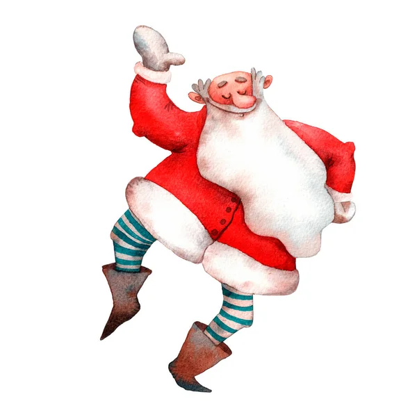 Акварельная иллюстрация милого Санта-Клауса. Смешной нарисованный вручную персонаж. Рождественская иллюстрация. Танцующий персонаж. Традиционный мультяшный Санта. Изолированная декоративная иллюстрация для печати и открыток. — стоковое фото