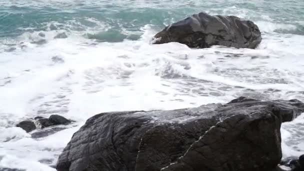 Las Olas Del Mar Corren Contra Piedras Negras Arena Oscura — Vídeos de Stock