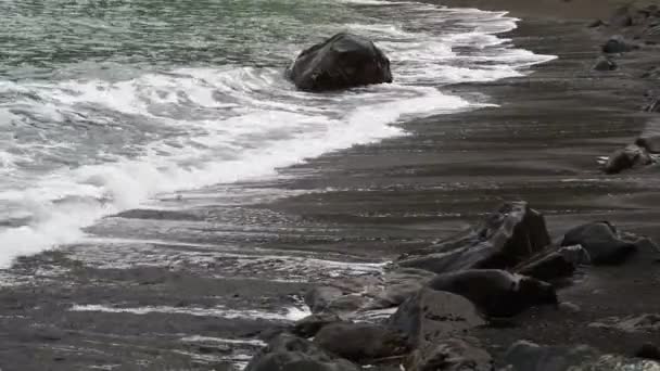 Meereswellen Laufen Auf Dunkle Nasse Steinblöcke Surfen Mit Schaum — Stockvideo