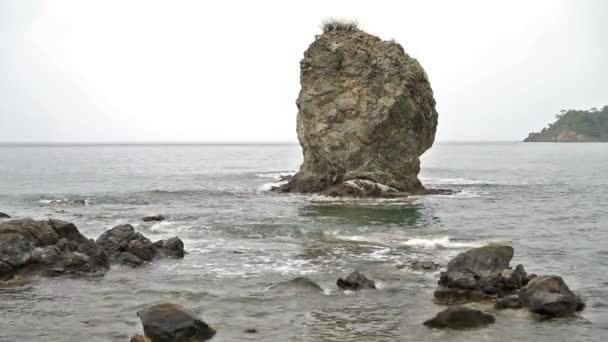 Ondas Lavam Sobre Uma Rocha Solitária Mar — Vídeo de Stock