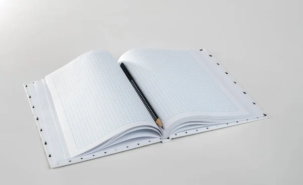 Expanded Checkered Notebook Open Sheets Pencil Selective Focus Blurred Background — Stock Photo, Image