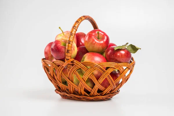 Bright Multi Colored Fresh Apples Wicker Basket White Background Selective — Stock Photo, Image