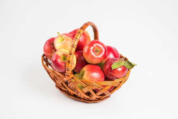 Bright Multi Colored Fresh Apples Wicker Basket White Background Selective — Stock Photo, Image