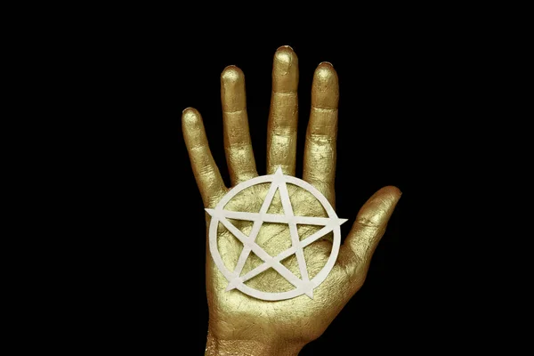 Kori Modern Mágia Okkult Szimbólum Rituáléhoz Pentagram Nyitott Arany Tenyérrel — Stock Fotó