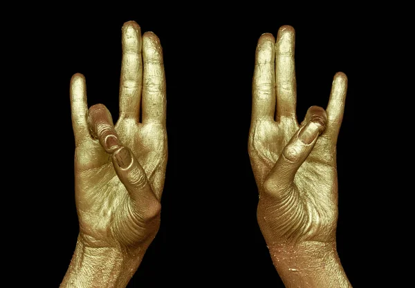 Two Golden Hands Black Background Indian Symbol Sun Benefits Best — Stock Photo, Image