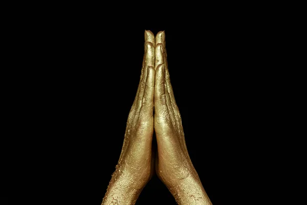 Duas Mãos Ouro Levantadas Pose Oração Fundo Preto — Fotografia de Stock