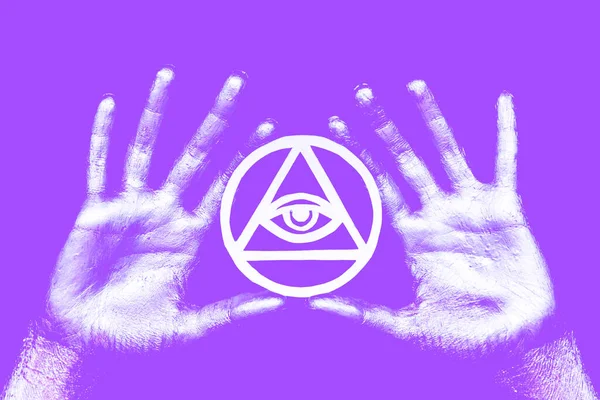 New age modern magic, occult symbol for ritual. Eye of Providence in open hands. Pop art style in neon bold colors. For posters, banner, wallpapers