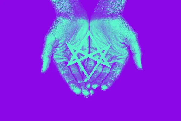 Golden hands on violet background with six pointed star Unicursal hexagram.