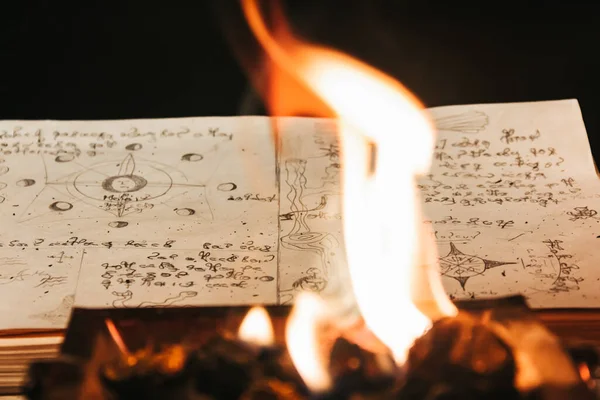 Büyü kitabı, eski kitap, mumlar kullanarak beyaz büyü ateş ayini.