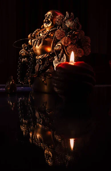 Vista Dall Alto Tavolo Con Figurina Buddha Candele — Foto Stock