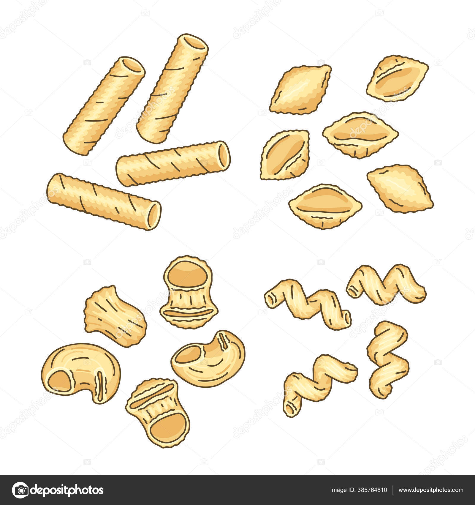 Set Different Pasta Shapes Types Tortiglioni Conchiglie Pipe Rigate