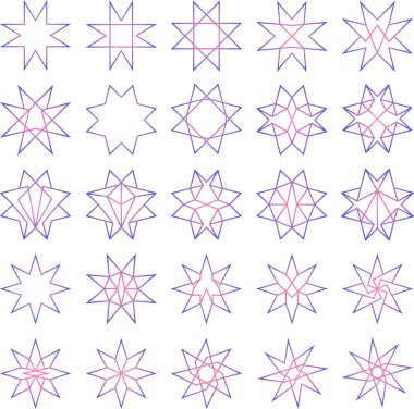 25 yumuşak renkli sekizgen yıldız kümesi (ince dış hat) - geometrik, süslemeli ve dekorasyon tasarımı   
