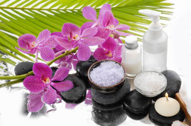 Orkide kase ve petrol, havlu ve palm ile natürmort