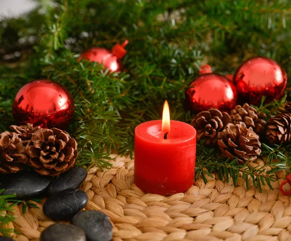 Christmas Fir Tree Candle Stones Wicker Woven Mat Mat Stock Picture