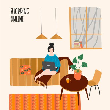 Kadın evde laptop ile vektör Illustration. Alışveriş online ve diğer kullanım için kavramı.