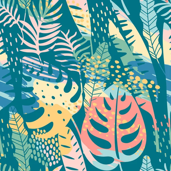 Seamless exotic pattern with tropical plants and artistic background. — Stock Vector