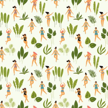 Mayo ve tropikal palmiye ladyes dans ile Dikişsiz desen vektör yaprak.