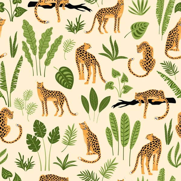 Vestor seamless pattern with leopards and tropical leaves. — Stock Vector