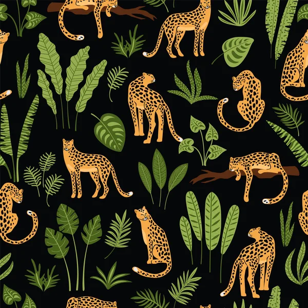 Vestor seamless pattern with leopards and tropical leaves. — Stock Vector