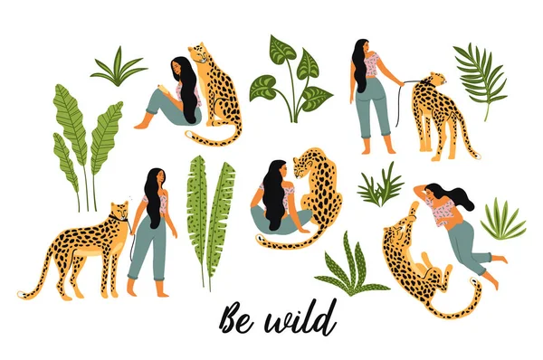 Sé salvaje. Ilustraciones vectoriales de mujer con leopardo y hojas tropicales . — Vector de stock