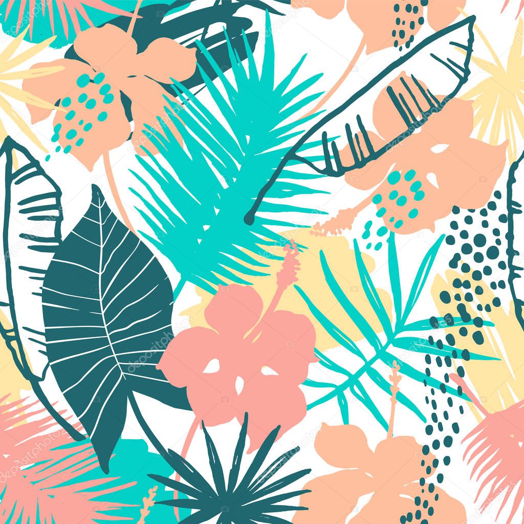 Seamless exotic pattern with tropical plants.