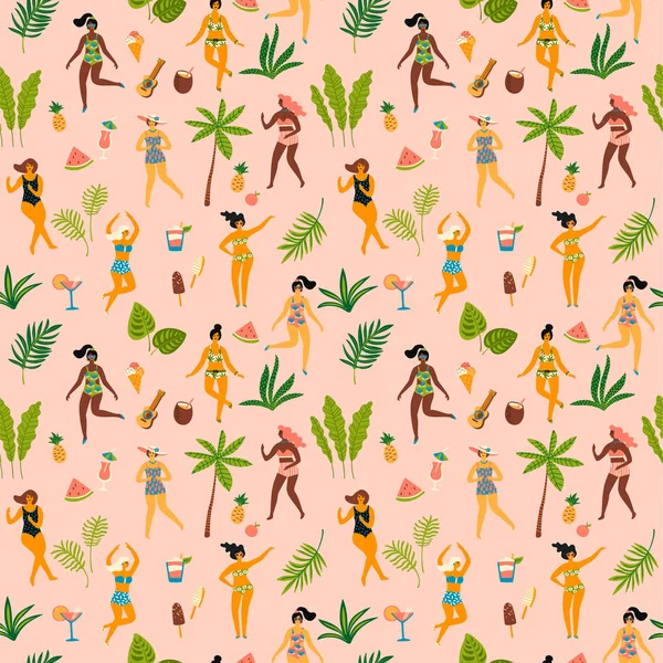Mayo ve tropikal palmiye ladyes dans ile Dikişsiz desen vektör yaprak