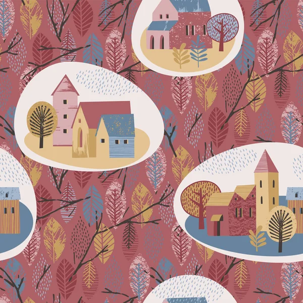 Vector seamless pattern of city in the rain. Autumn mood