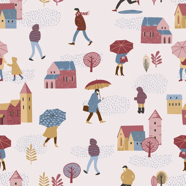Vector illustration of city in the rain. Autumn mood.