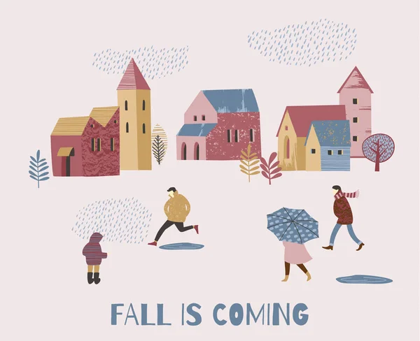 Vectorillustratie van mensen in de regen. Autumn mood. — Stockvector