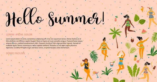 Ilustración vectorial de ladyes danzantes en trajes de baño y hojas de palmeras tropicales . — Vector de stock