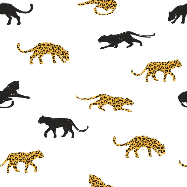Sömlös exotiska mönster med abstrakt silhuetter av leoparder. — Stock vektor