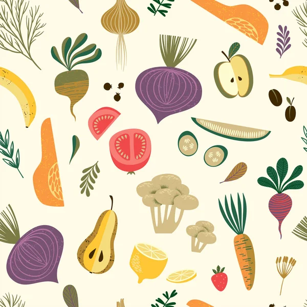 Vector seamless pattern with vegetables and fruit. — Stock Vector