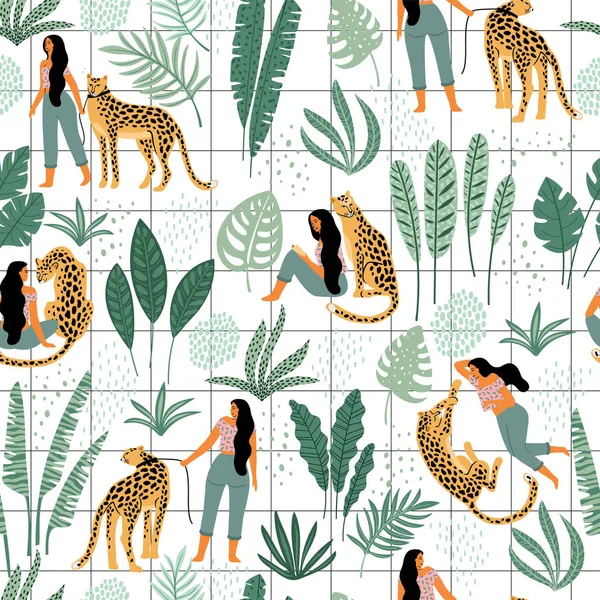 Patrón sin costura vectorial con mujeres, leopardos y hojas tropicales . — Vector de stock